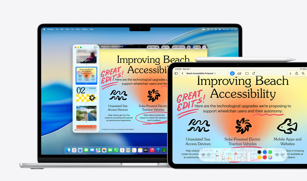 Meerdere Apple devices, op elk device dezelfde afbeelding, een Apple Pencil is gebruikt om de afbeelding op de iPad te annoteren, de annotatie wordt weergegeven op de andere devices