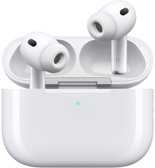 AirPods Pro 3 and MagSafe Charging Case (USB-C), rounded case exterior, LED power indicator, case lid open, white colour, wireless headphones with silicone tips, stem interior features letter L and letter R