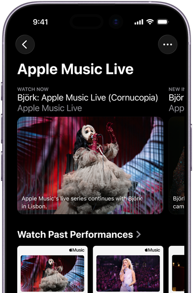 Apple Music Live képernyő iPhone-on, amely a Műsoron lapot, korábbi előadásokat és olyan exkluzív tartalmakat jelenít meg, mint az Apple Music 100 legjobb album