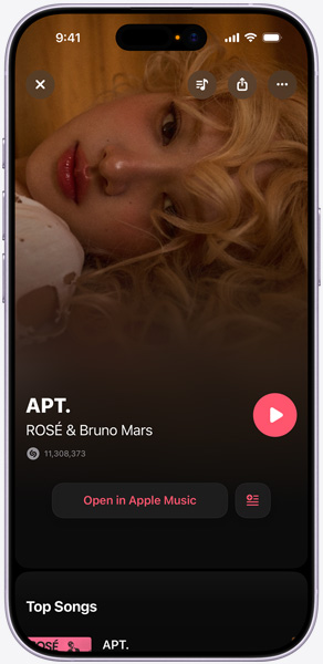 Egy iPhone képernyőjén az APT című szám jelenik meg ROSÉ és Bruno Mars előadásában, ami azt jelenti, hogy a Shazam azonosította a dalt