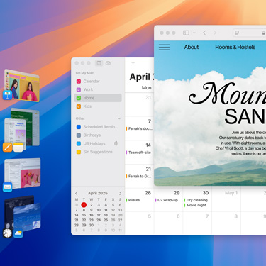 Több ablak és app egy képernyőn, köztük a Keynote, a Pages, a Mail és egy nyugodt menedékhelyet bemutató webhely.