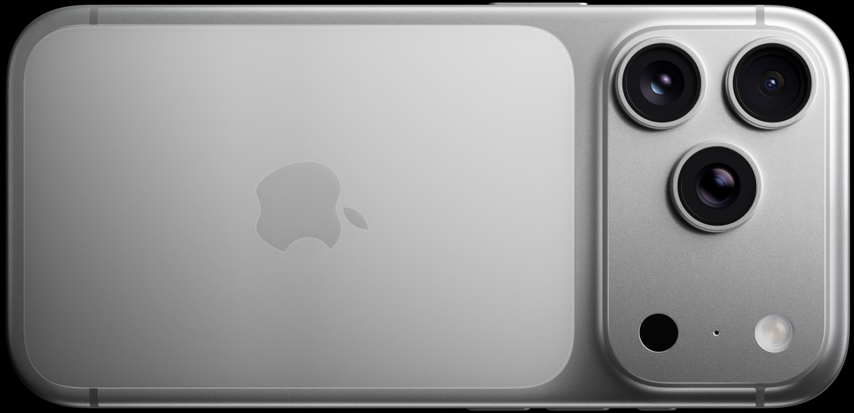 iPhone 17 Pro, silver, baksida, Fusion-proffskamerasystem, tre objektiv, mikrofon, blixt