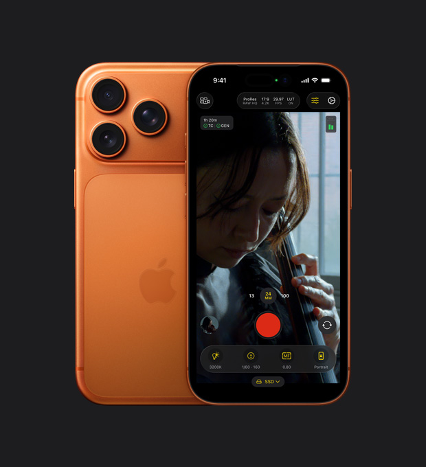 iPhone 17 Pro sedd framifrån, på skärmen visas ProRes RAW-funktionen under en inspelning av en kvinna som spelar cello