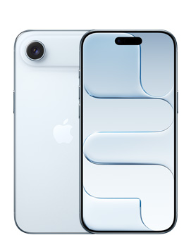 天藍色 iPhone Air 的機身背面，展示融合相機系統在頂部，Apple 標誌在中央；天藍色 iPhone Air 的機身正面展示頂部中間的動態島。
